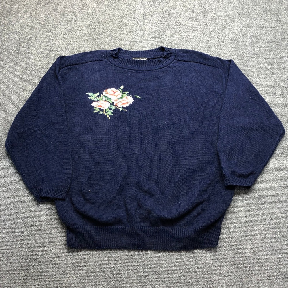 Vintage Stoney Creek Collection Navy Blue Floral Rose Knit Sweater Made in USA
